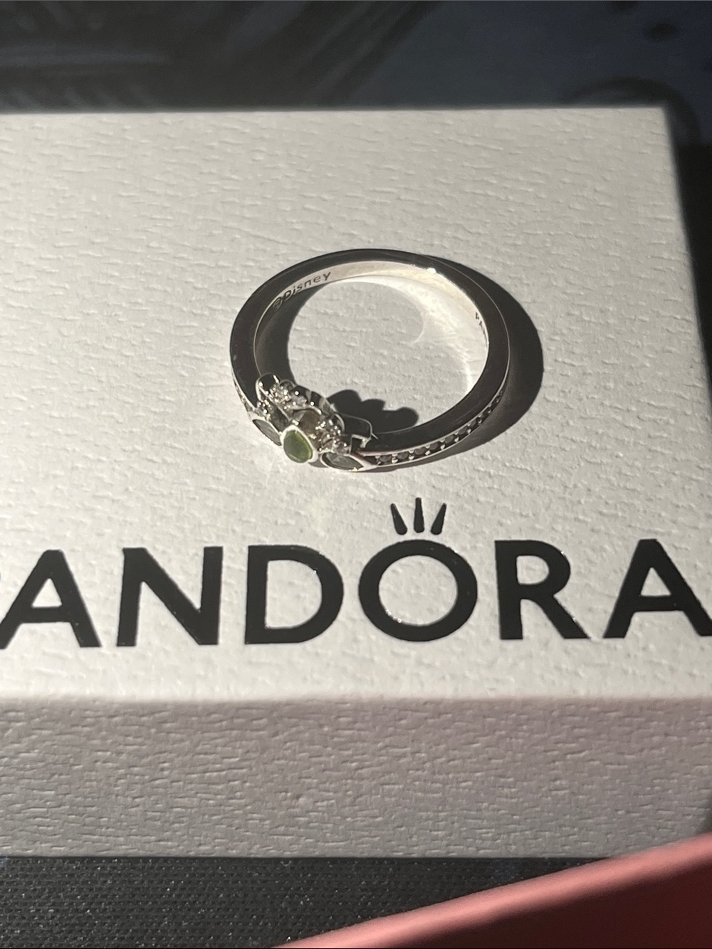 Pandora Silver Ring with Green Center Stone and Sparkling Accents Size 6